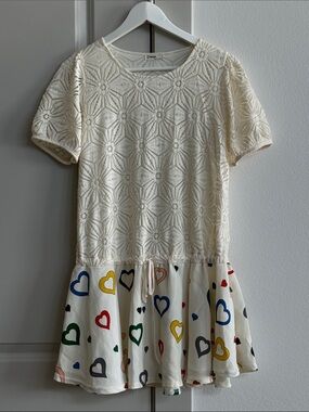 Cream Eyelet Top with Multicolor Heart Skirt Dress MADE IN KOREA 🇰🇷 Size Small